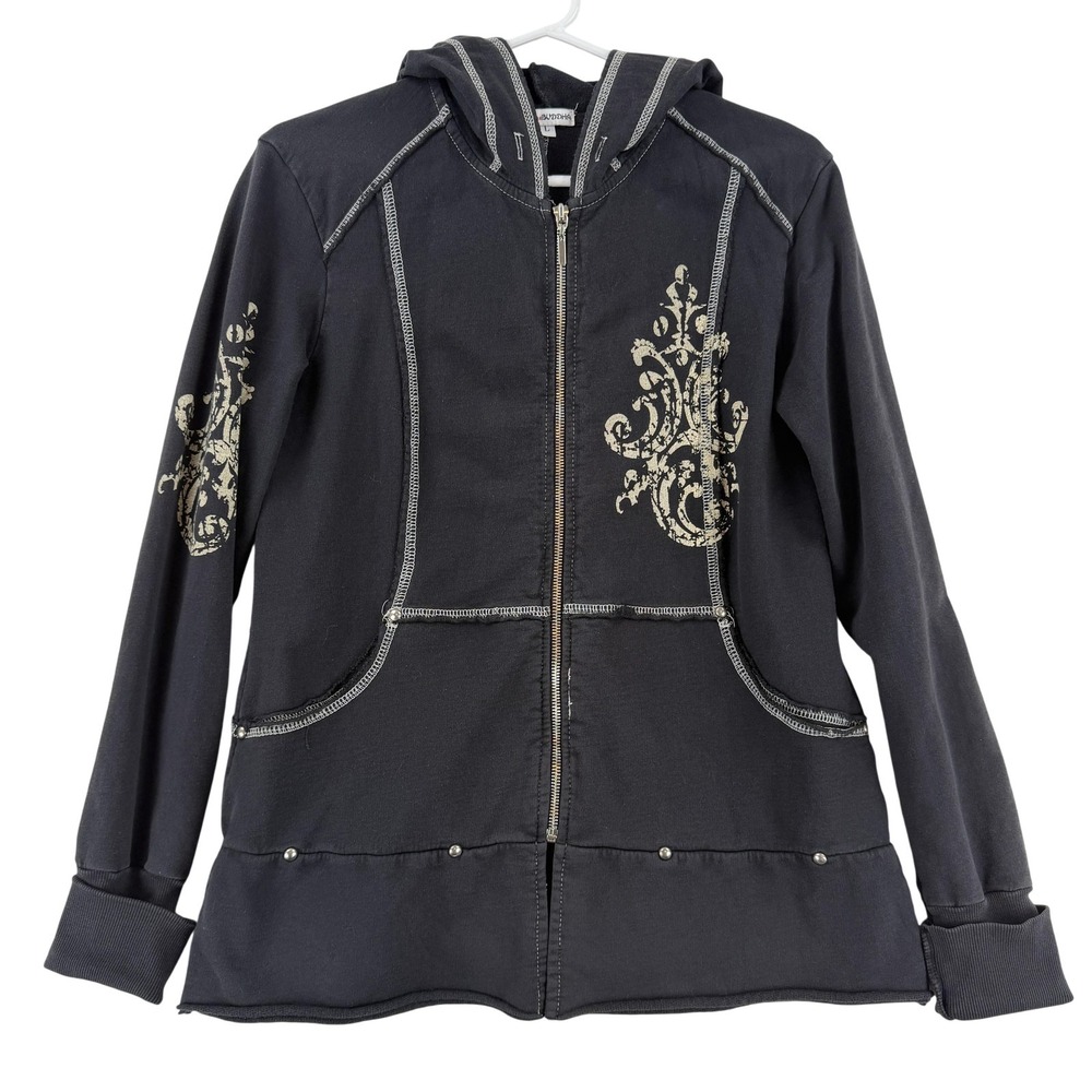 American Buddha Hoodie Womens‎ Large Black Full Zip Floral Graphic Studded Terry